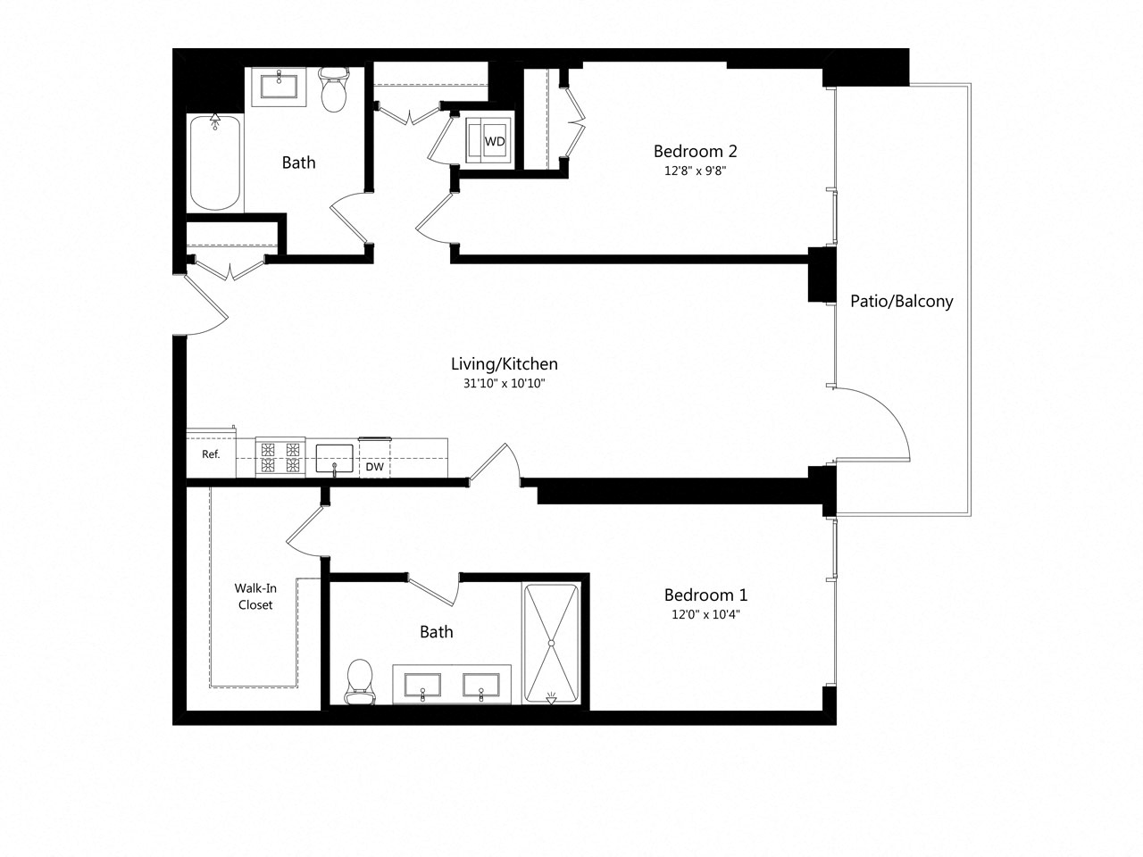 Floor plan for 2 beds, 2 baths, 1079 sqft